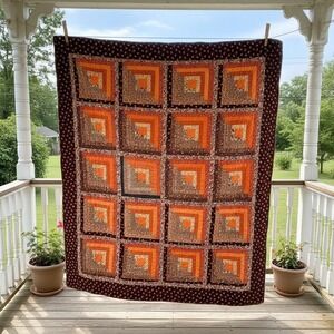 Vintage Handmade 90x82 Log Cabin Patchwork Quilt Orange Brown Floral Calico